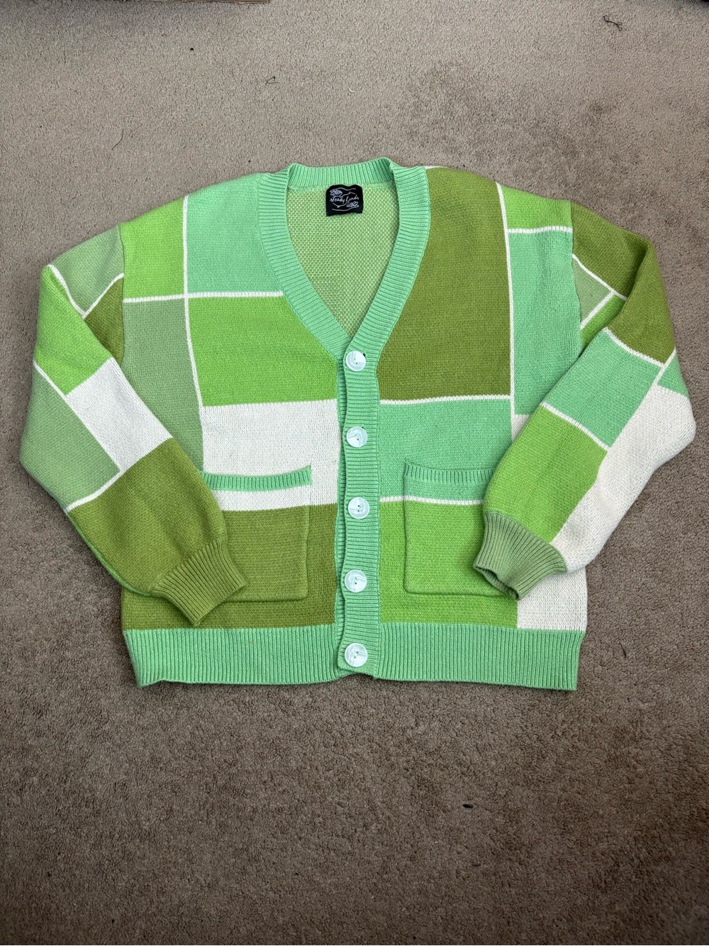 Steady Hands Green Envy Patchwork Knit Cardigan Sweater Womens Size S/M